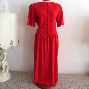 VINTAGE RED SILK DRESS, 10, SHORT SLEEVE, POCKETS, BLACK BUTTONS, 1980s, EUC
